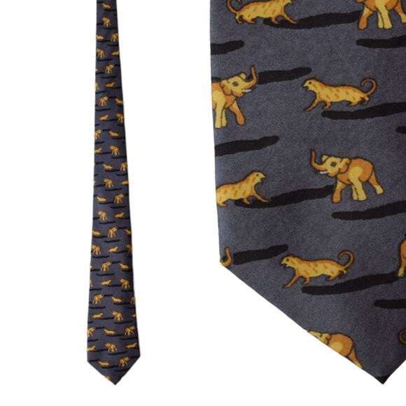 Burlington Vintage Animal Print Silk Tie - Elephant & Tiger Design, Dark Gray - Picture 2 of 7